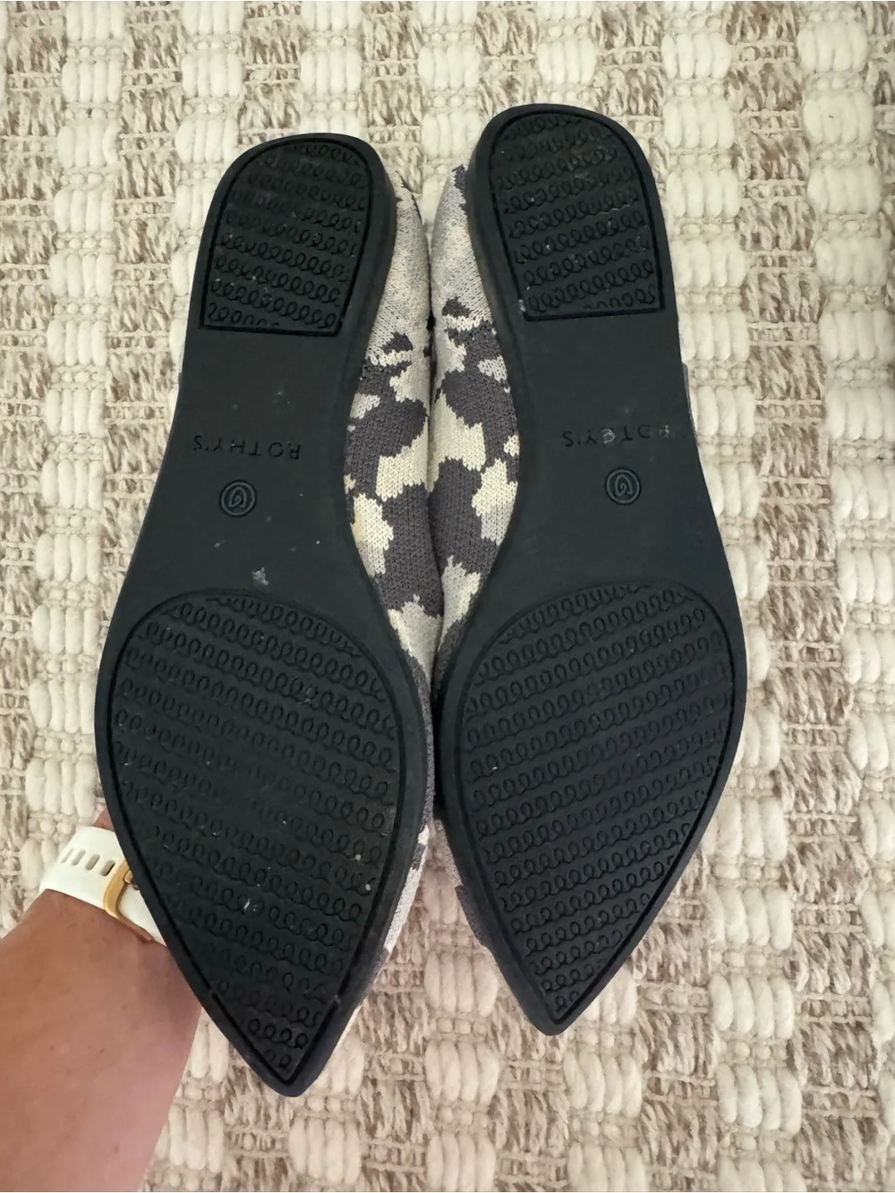 Rothy's Pointed Slip-On Flats in Gray Camo with Blue Trim